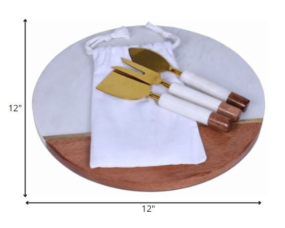 Homeroots Kitchen & Dining Wade 12" Round Wood & White Marble Cheese Board and Knife Set