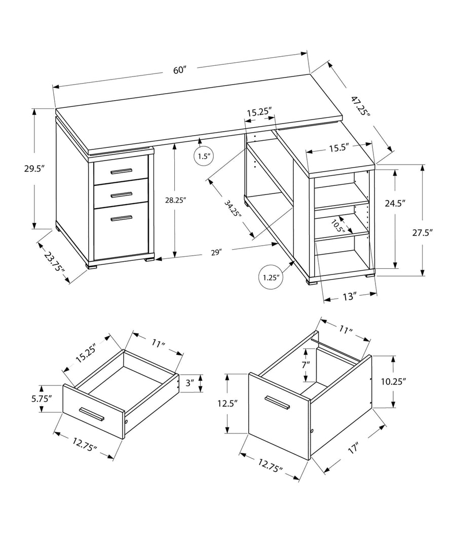 Homeroots Office Perry L-Shaped Desk with Drawers and Bookshelf